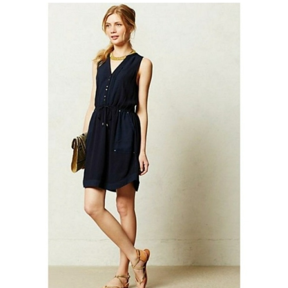 Anthropologie Maeve navy blue cinch waist dress size small